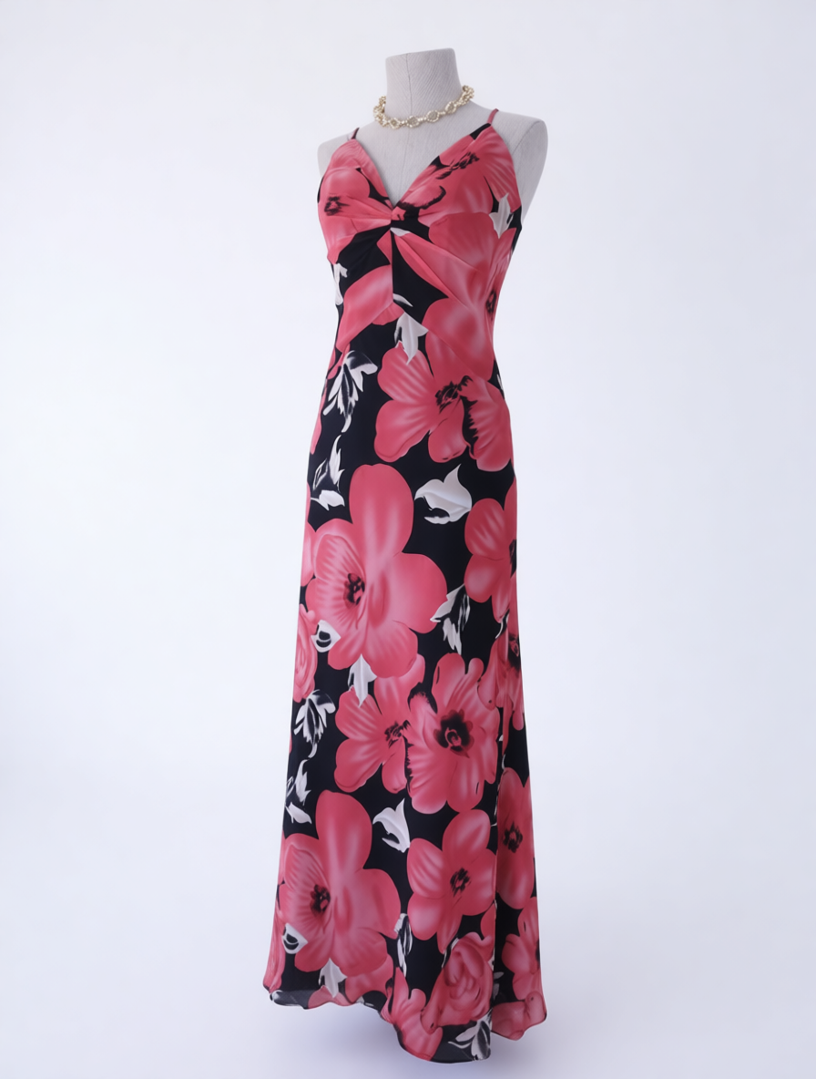 Vintage 2000er Y2K Maxi-Cocktailkleid – Strukturiertes Oberteil, Blumenmuster &amp; offener Rücken