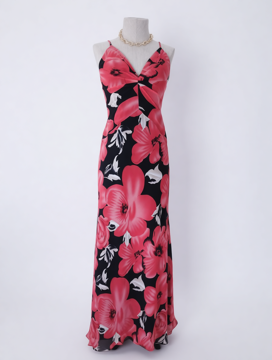 Vintage 2000er Y2K Maxi-Cocktailkleid – Strukturiertes Oberteil, Blumenmuster &amp; offener Rücken