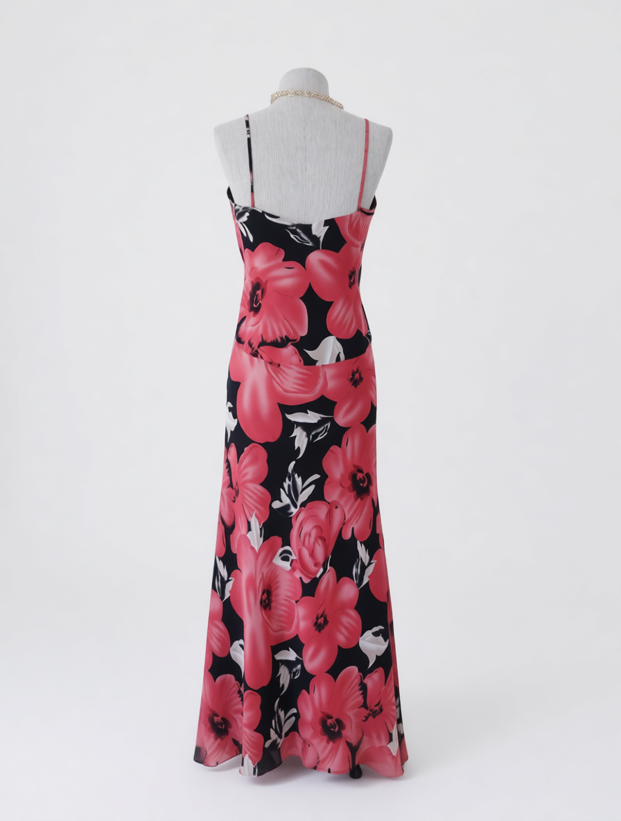 Vintage 2000er Y2K Maxi-Cocktailkleid – Strukturiertes Oberteil, Blumenmuster &amp; offener Rücken