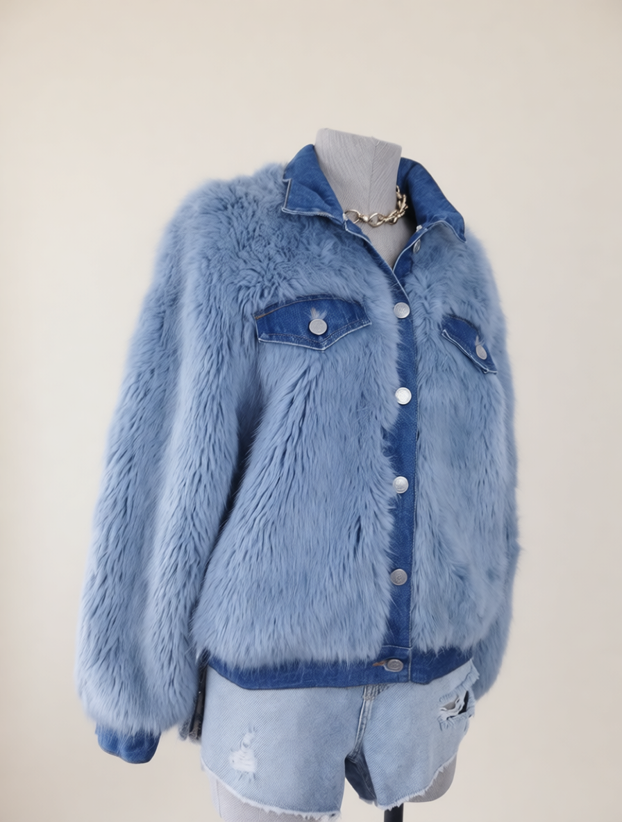Vintage Jeansjacke aus den 2000er Jahren (Y2K) – Hellblaue Kunstpelzjacke im Streetstyle-Look – Upgrade für ein Basic-Outfit