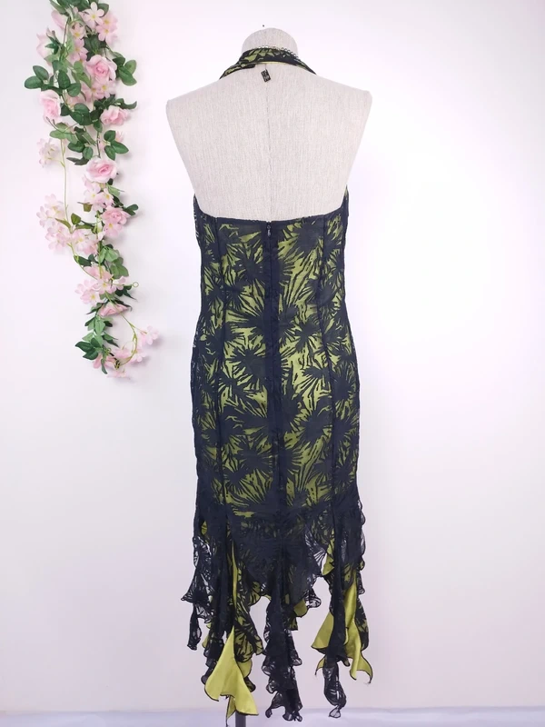 Olive green Y2K halter dress — Vintage 2000s sheer tulle cocktail