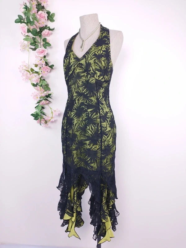 Olive green Y2K halter dress — Vintage 2000s sheer tulle cocktail
