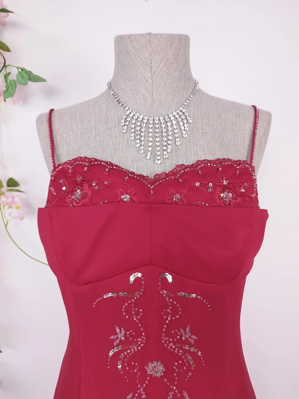 Red beaded Y2K maxi dress — Vintage 2000s bustier gala graduation