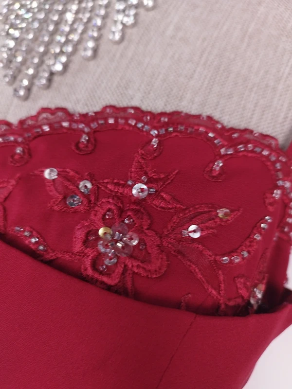 Red beaded Y2K maxi dress — Vintage 2000s bustier gala graduation