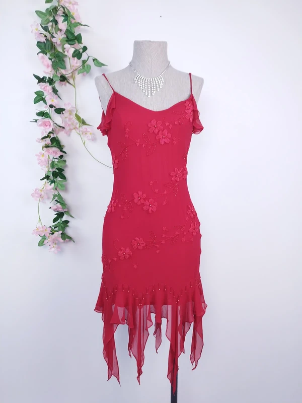 Red floral Y2K evening dress — Vintage 2000s slip asymmetrical party