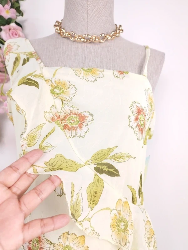 Cream floral asymmetrical Y2K dress — Vintage 2000s slip Ibiza summer