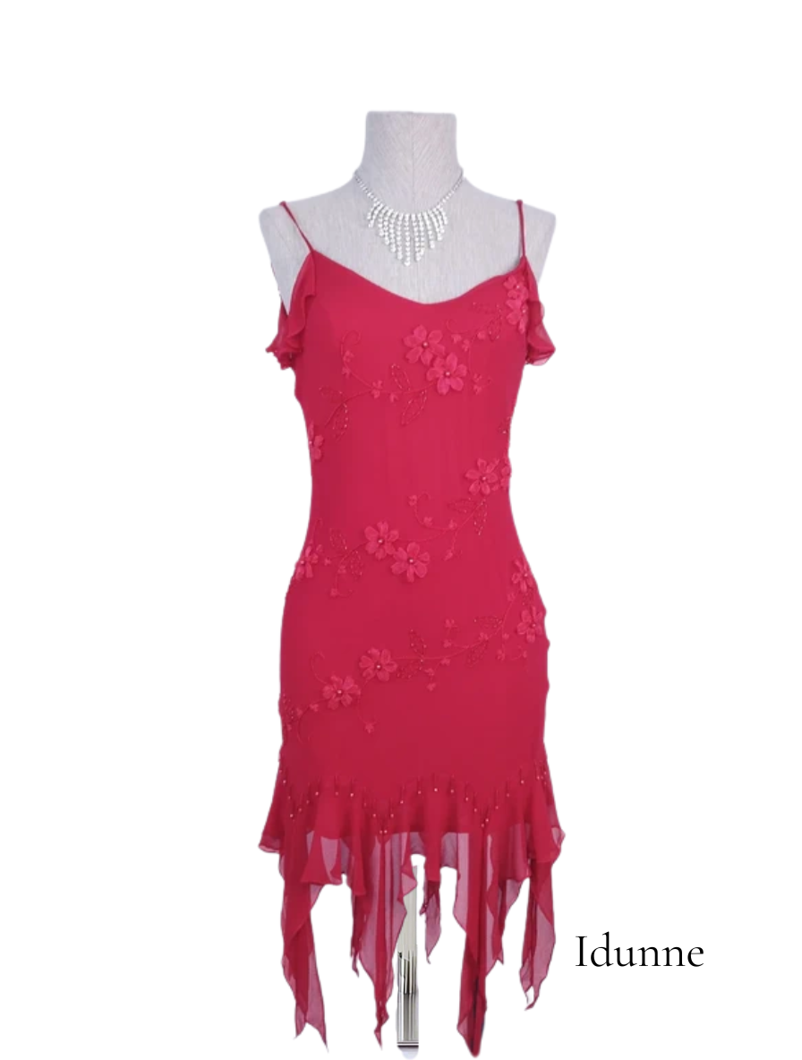Red floral Y2K evening dress — Vintage 2000s slip asymmetrical party