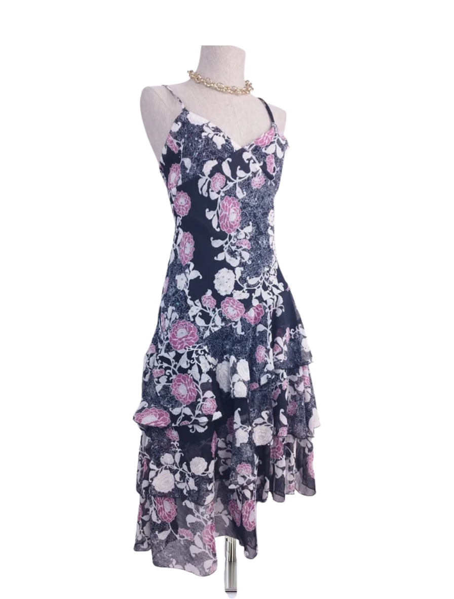 Black floral Y2K midi dress — Vintage 2000s slip boho chic