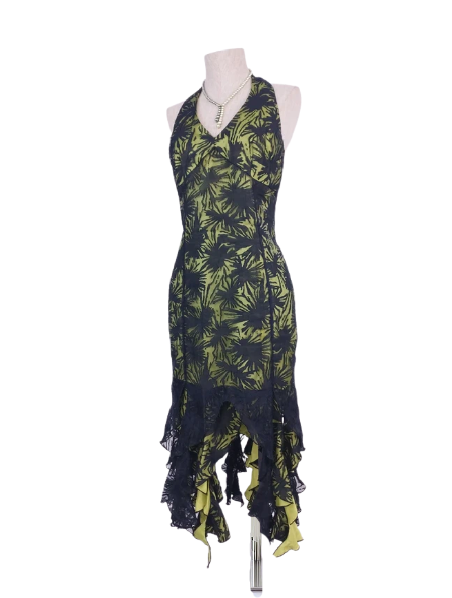 Olive green Y2K halter dress — Vintage 2000s sheer tulle cocktail