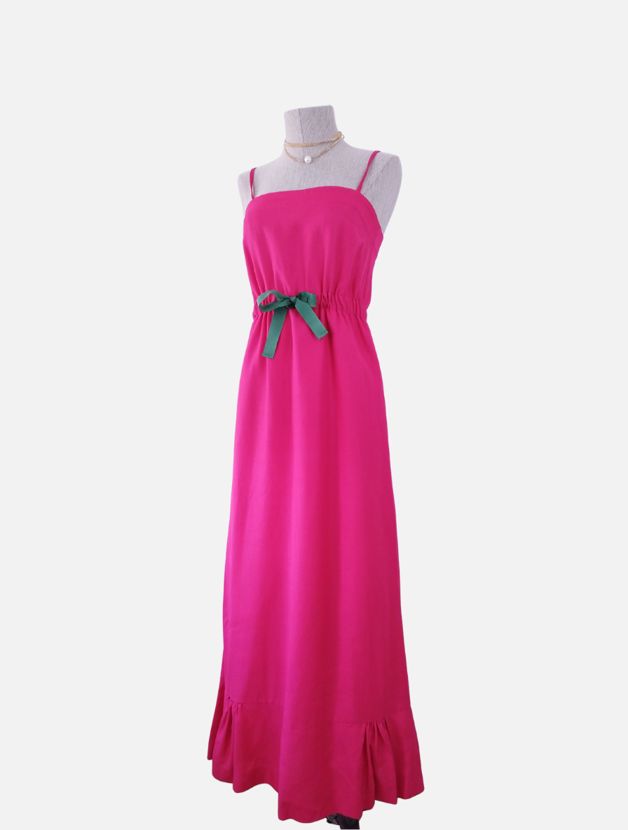 Vintage 90er-Jahre-Maxikleid in Fuchsia – Leinenoptik, grünes Taillenband, Rüschensaum &amp; handgefertigt
