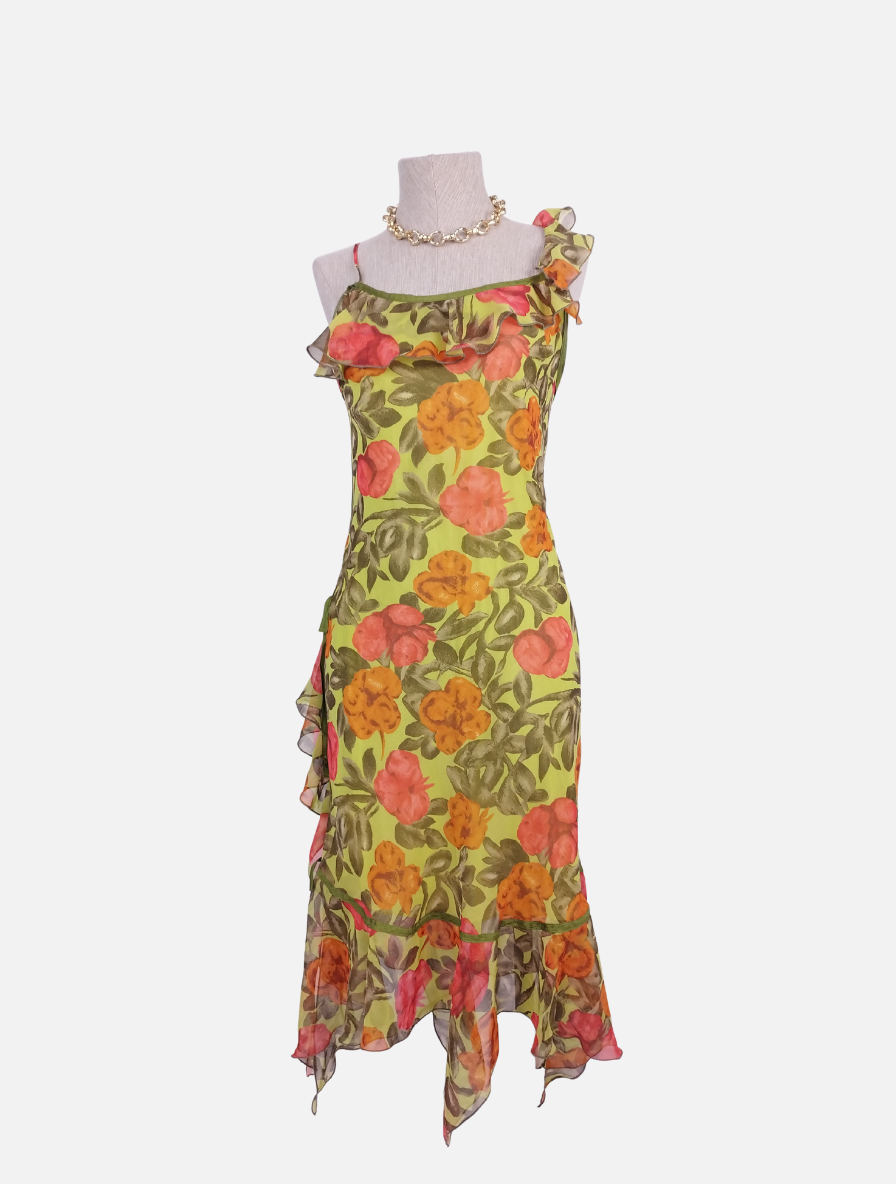 Vintage Midikleid im Y2K-Stil der 2000er Jahre – Asymmetrischer Ausschnitt, Blumenmuster und Rüschensaum