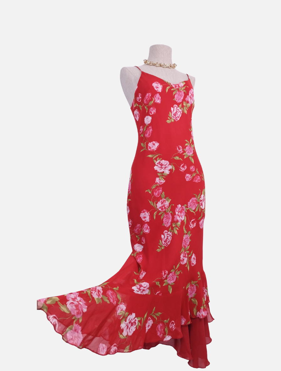 Vintage Midikleid aus den 90er-Jahren – Slipkleid, roter Chiffon mit rosa Blumenmuster