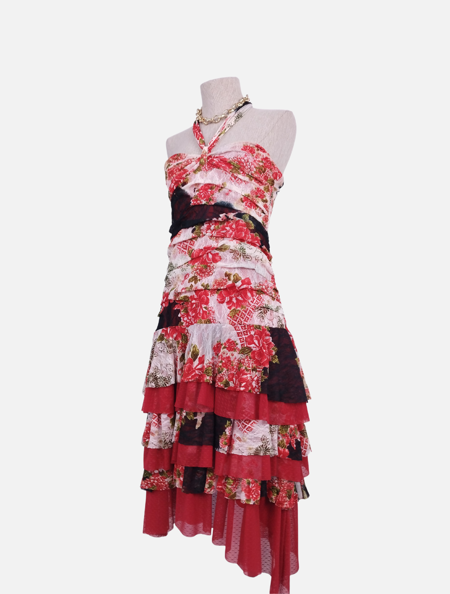 Vintage 2000s Y2K Lace Dress — Halter Neck, Rose Print & Asymmetric Ruffles