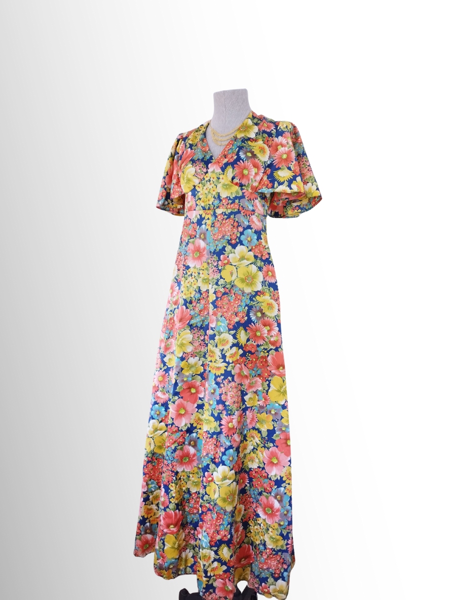 Vintage-Maxikleid aus den 90er-Jahren – V-Ausschnitt, Rüschenärmel, Empire-Taille und floraler Satin