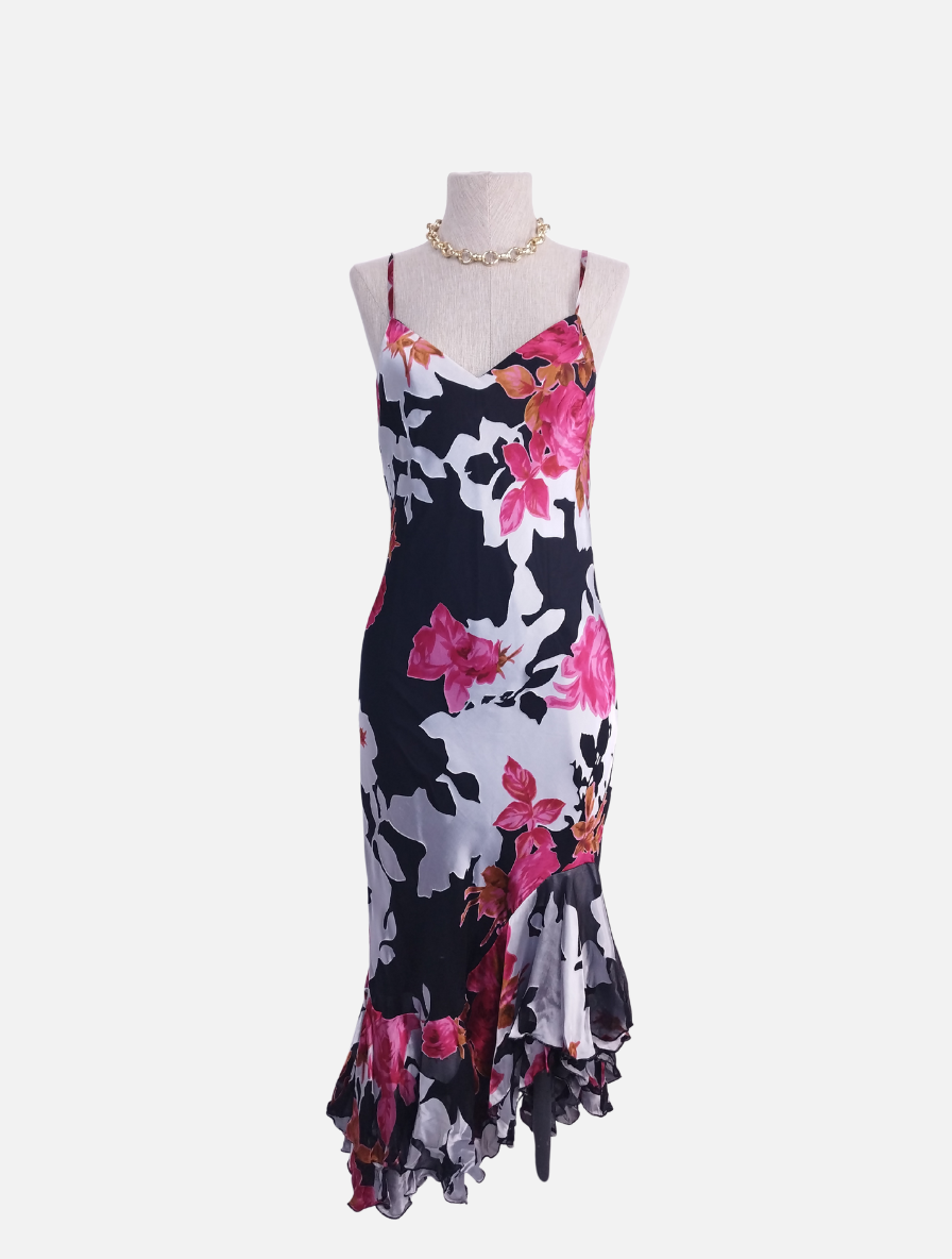 Vintage 90s Slip Dress — Floral Chiffon, Satin Appliqué & Asymmetric Ruffles
