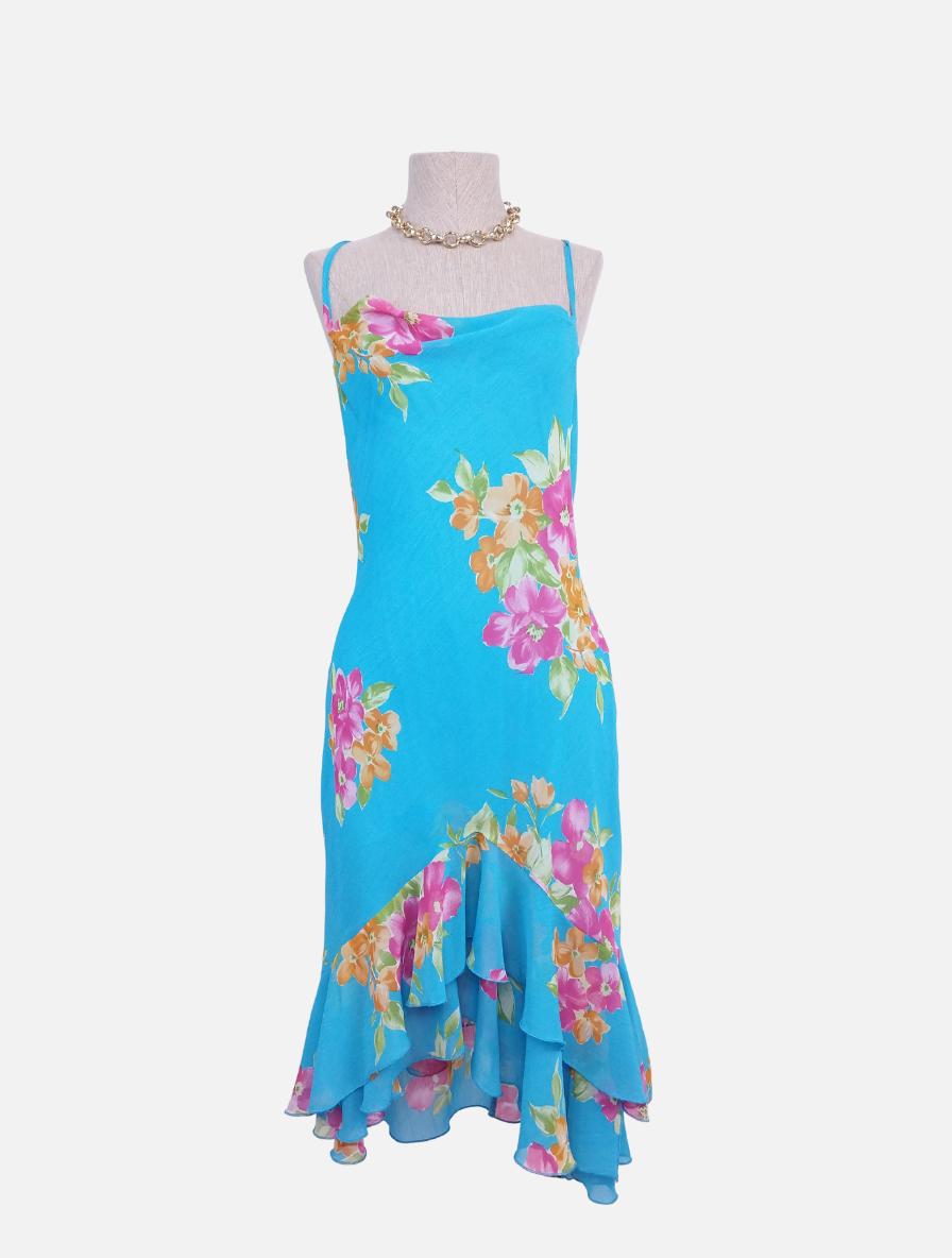 Vintage-Sommerkleid aus den 90er-Jahren – Slipkleid, geblümter Chiffon und asymmetrische Rüschen