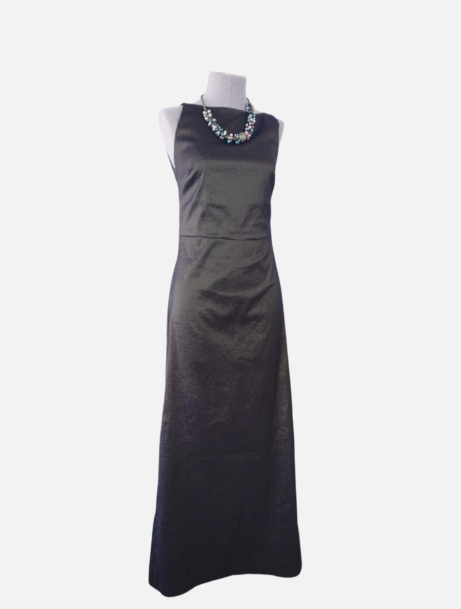 Vintage 90s Satin Party Dress — Open Back, Chain Straps, Round Neck & Fitted Silhouette