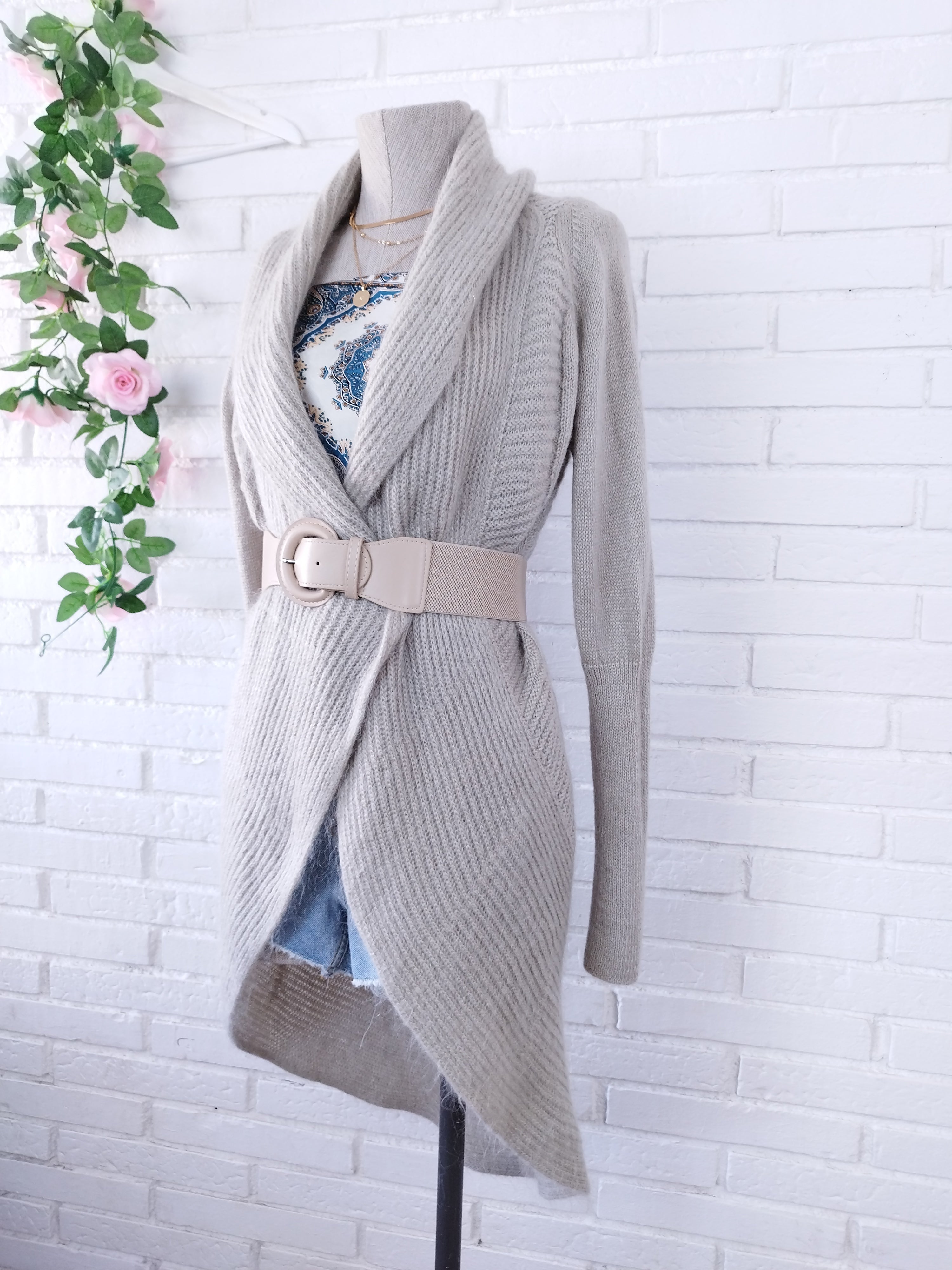 Vintage langer Cardigan – Wollmischung, offene Vorderseite, Jacquard-Rücken, exzellenter Zustand