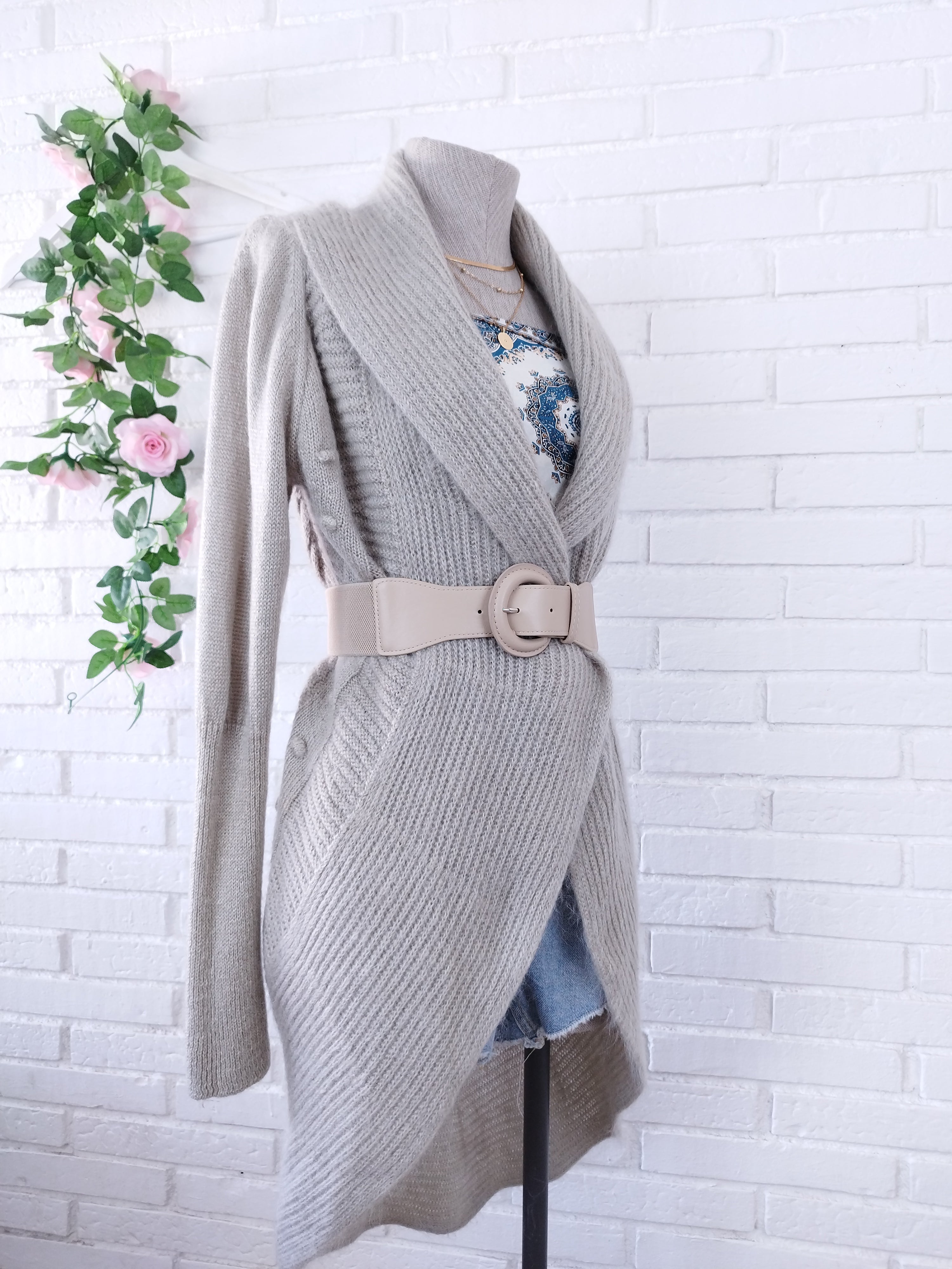 Vintage langer Cardigan – Wollmischung, offene Vorderseite, Jacquard-Rücken, exzellenter Zustand