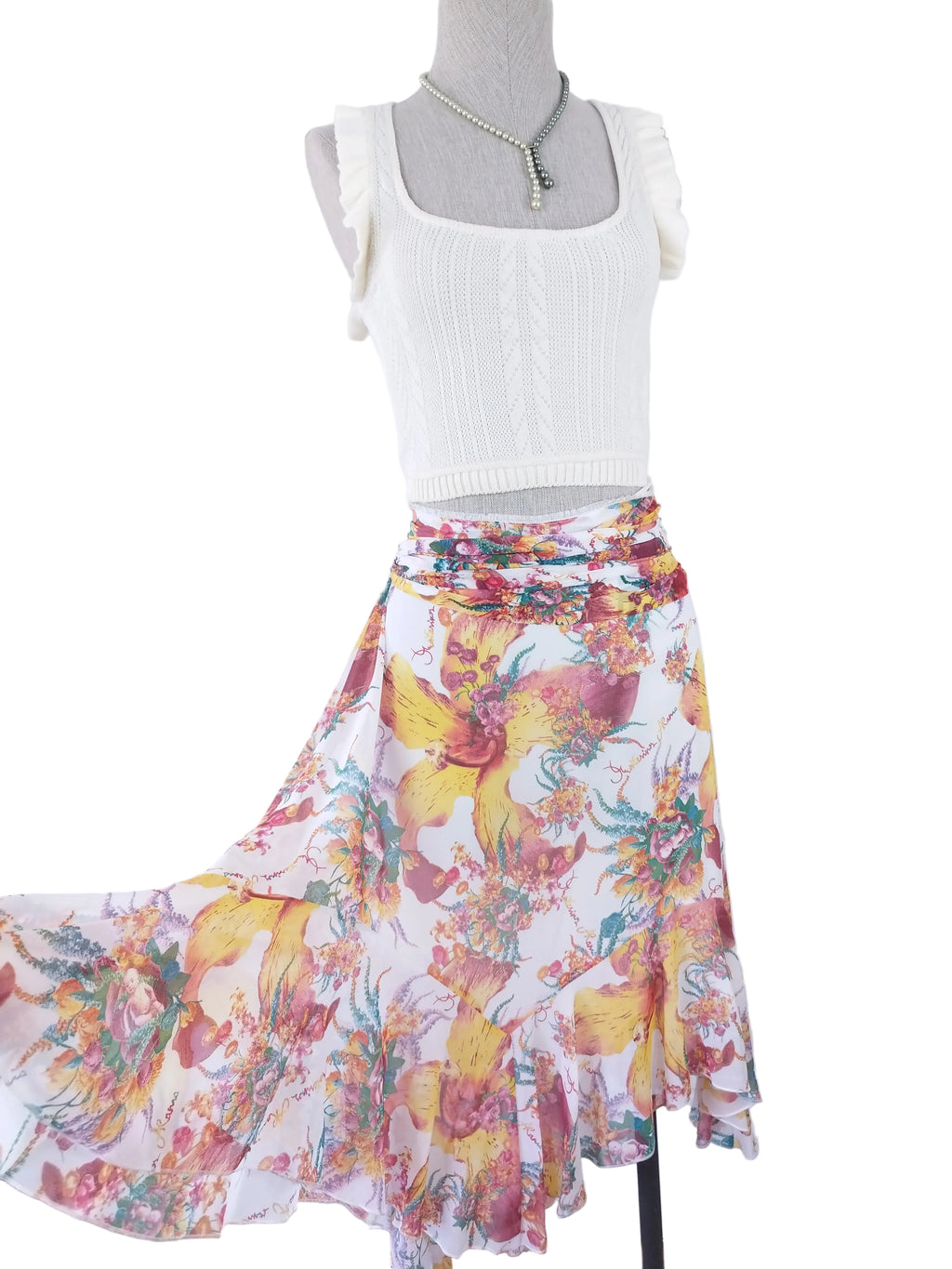 Montesinos Alama Vintage 90s Skirt — Ruched Waist, Asymmetric Hem & Tulle Print