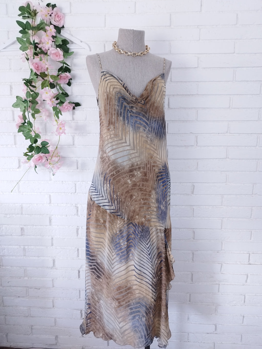 Vintage 2000s Y2K Midi Dress — Draped Neck, Asymmetric Stripe &amp; Fluid Chiffon