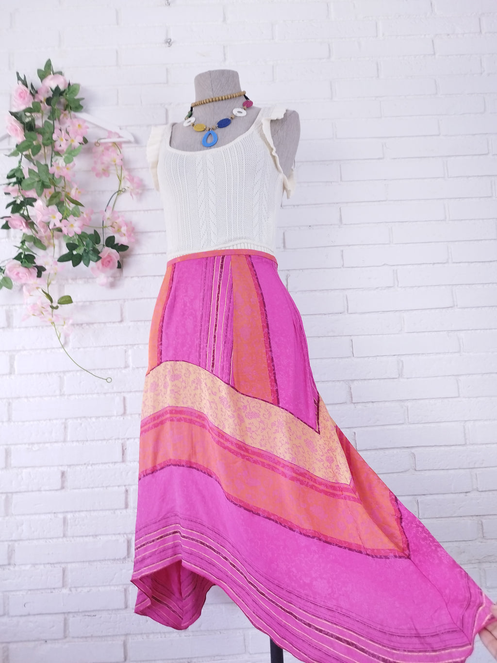 Vintage 2000s Y2K Asymmetric Skirt — Fuchsia Patchwork & Fluid Viscose