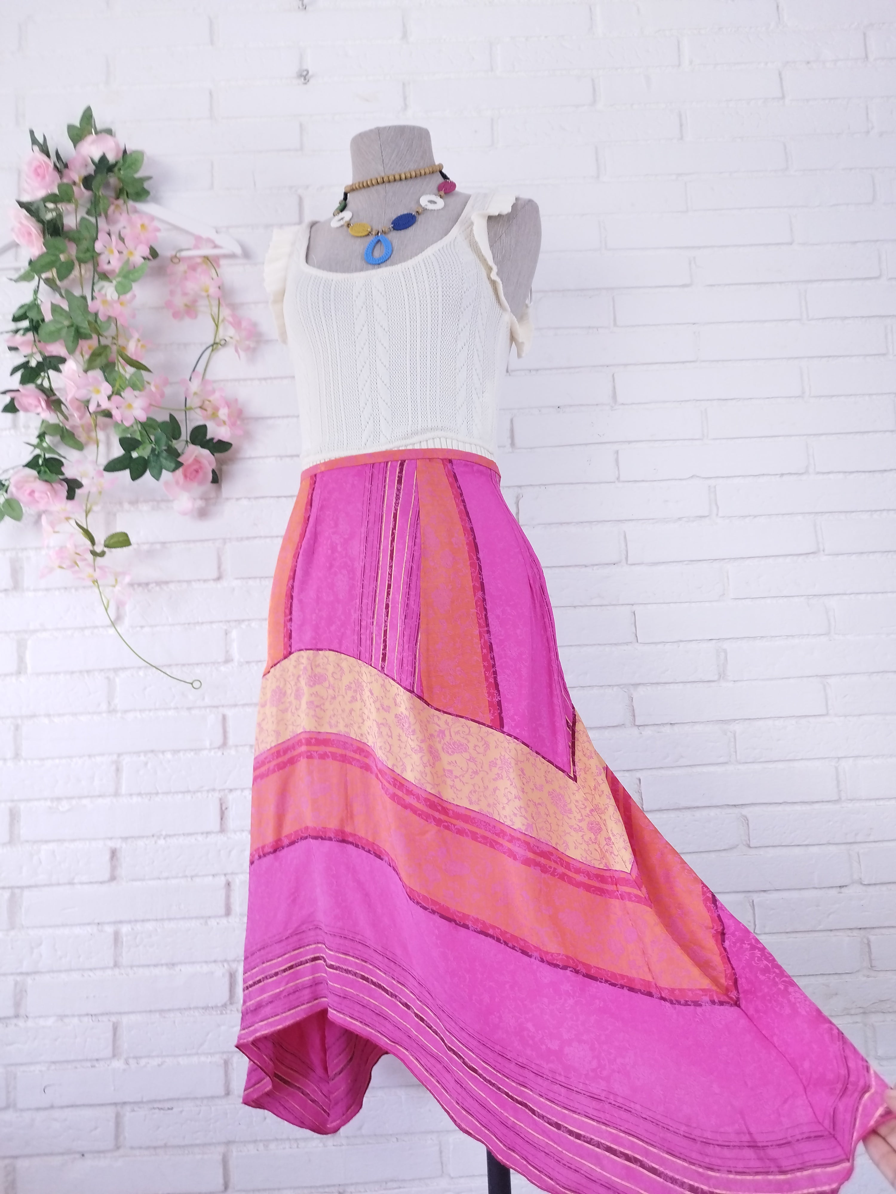 Vintage 2000s Y2K Asymmetric Skirt — Fuchsia Patchwork & Fluid Viscose