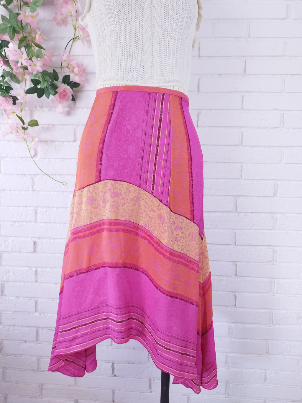 Vintage 2000s Y2K Asymmetric Skirt — Fuchsia Patchwork & Fluid Viscose