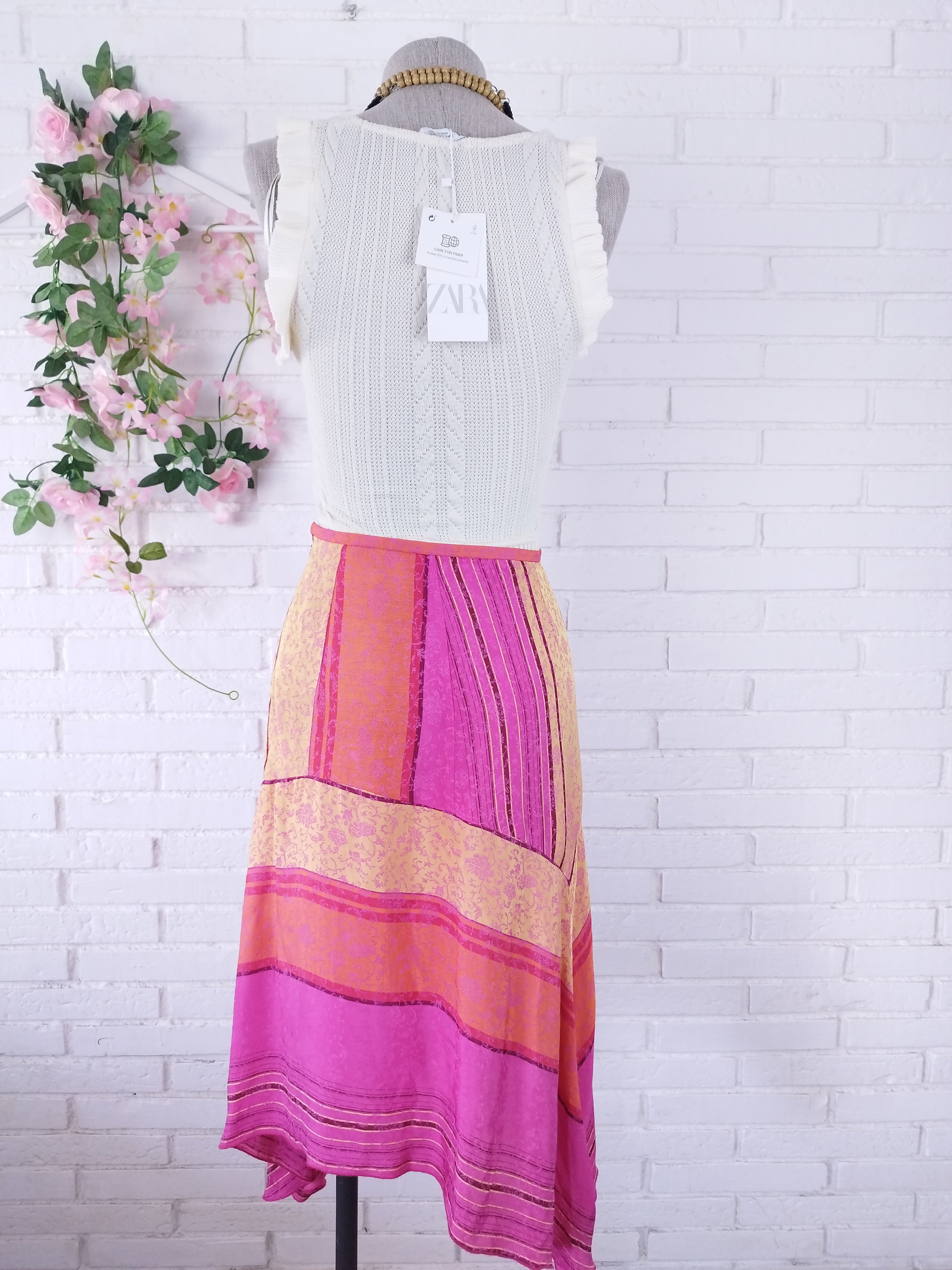 Vintage 2000s Y2K Asymmetric Skirt — Fuchsia Patchwork & Fluid Viscose