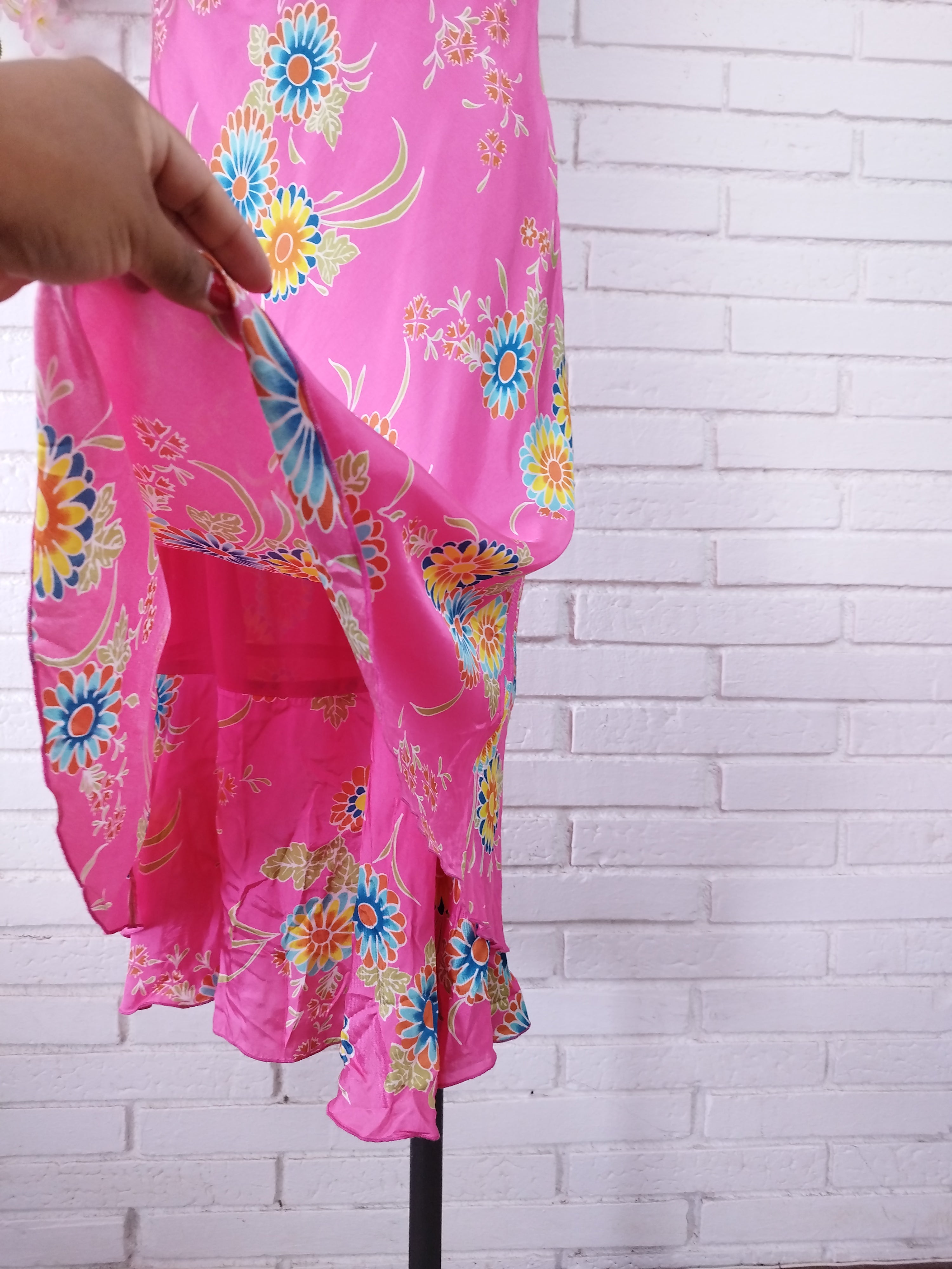 Vintage 90s Maxi Dress — Halter Neck, Fuchsia Satin & Bold Floral Print