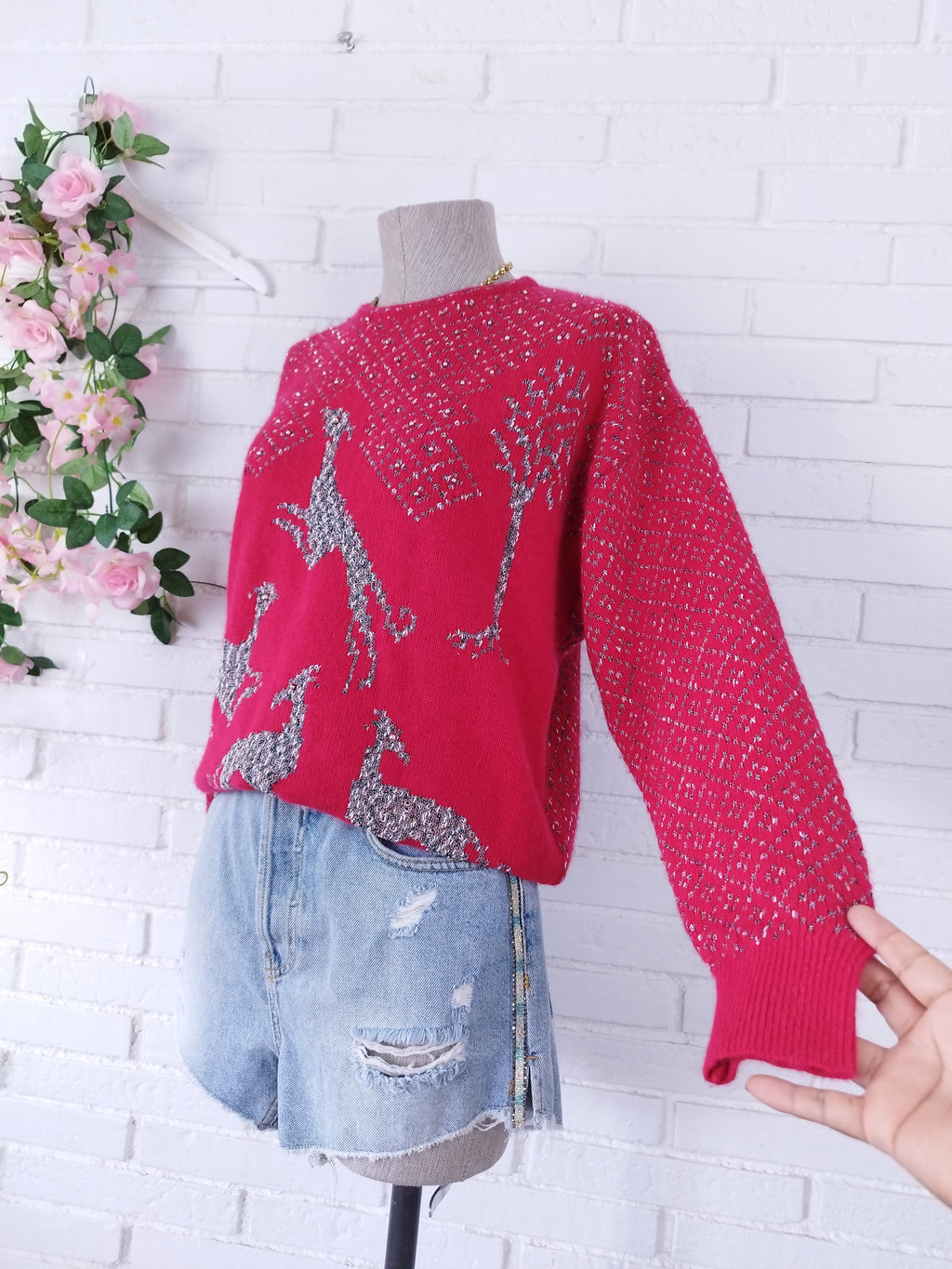 Vintage 90s Knit Sweater — Round Neck, Greyhound Print & Angora-Wool Blend
