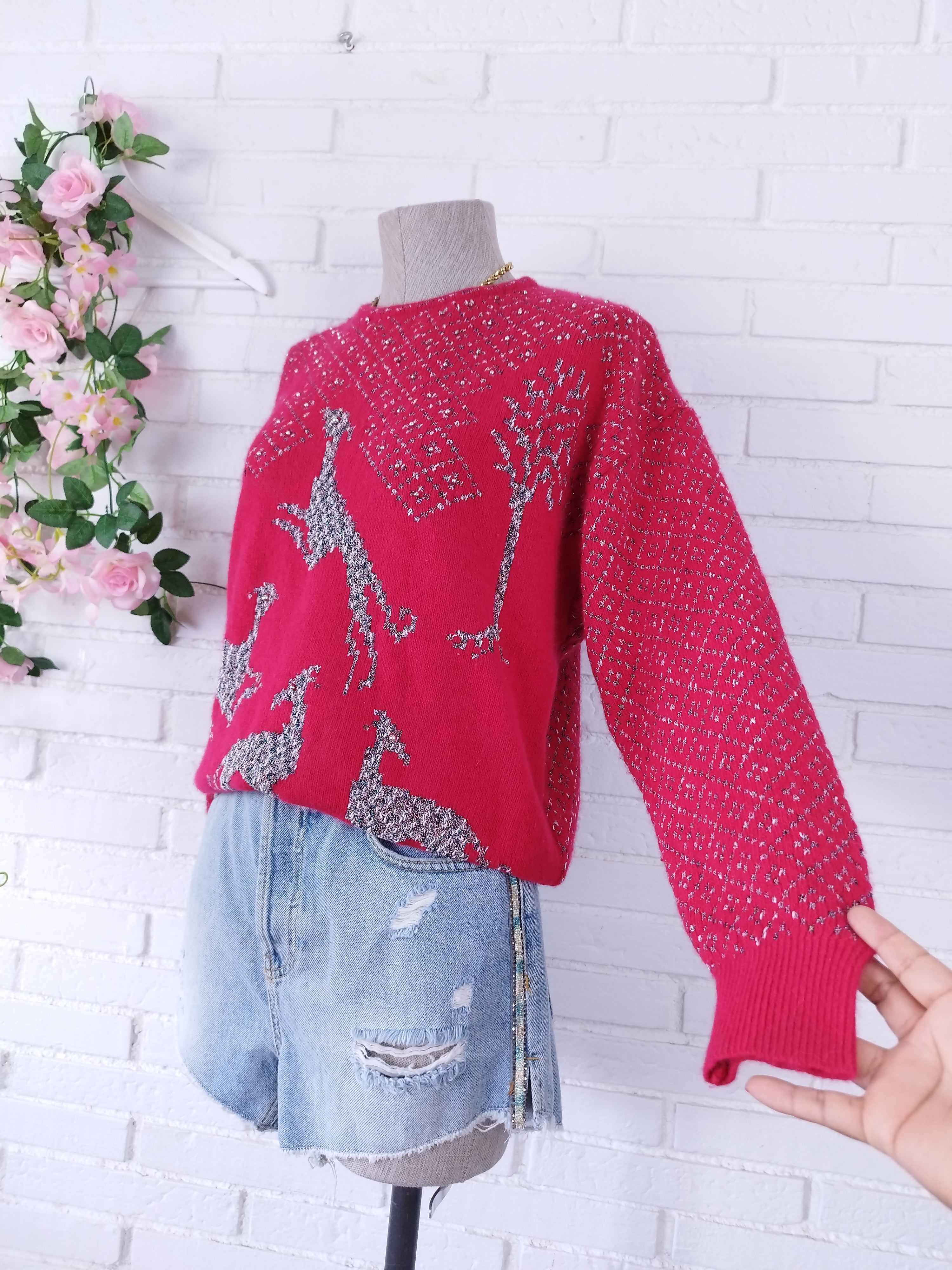 Vintage-Strickpullover aus den 90er-Jahren – Rundhalsausschnitt, Greyhound-Muster und Angorawollmischung