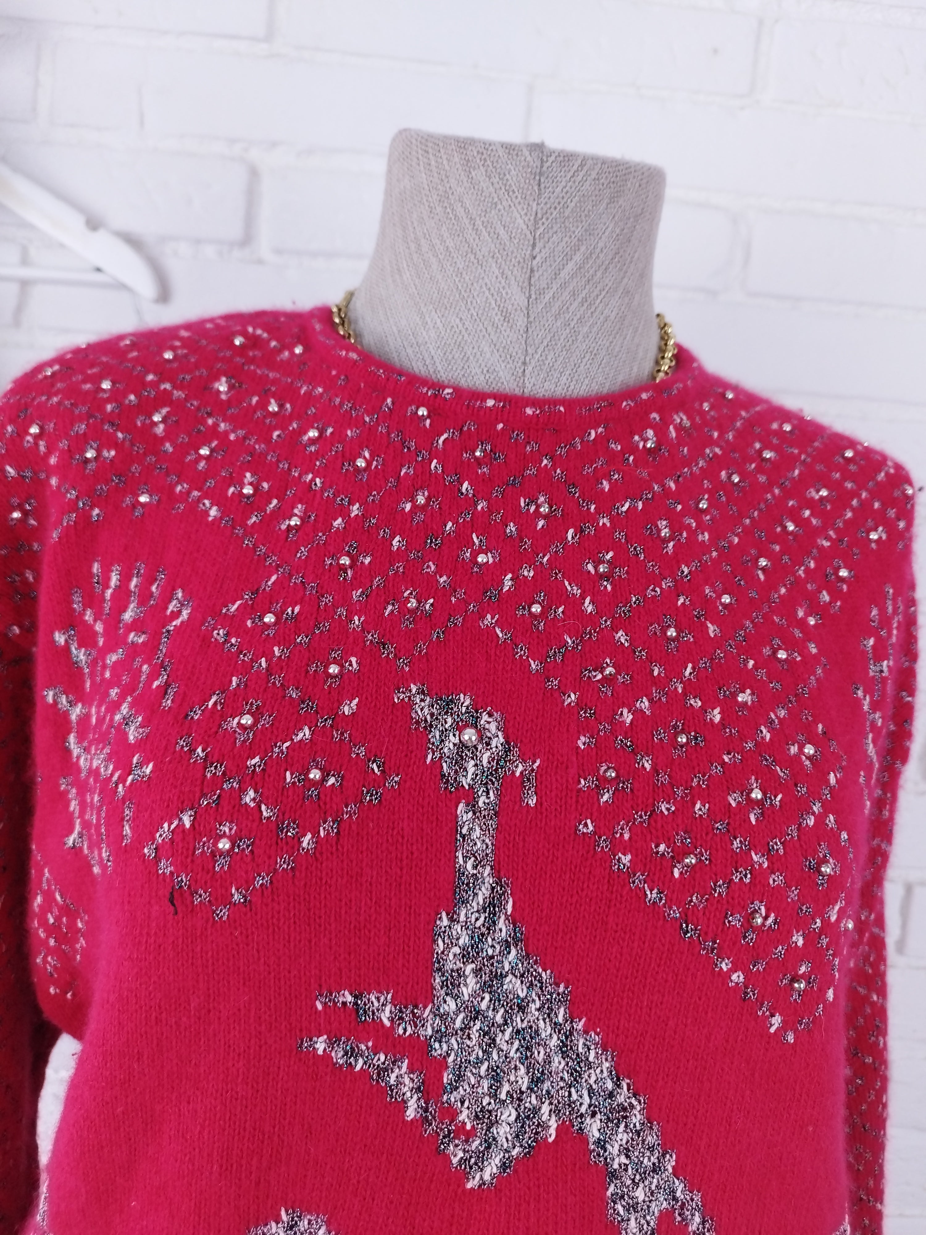 Vintage-Strickpullover aus den 90er-Jahren – Rundhalsausschnitt, Greyhound-Muster und Angorawollmischung