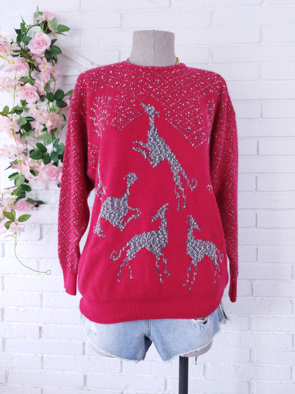 Vintage 90s Knit Sweater — Round Neck, Greyhound Print & Angora-Wool Blend