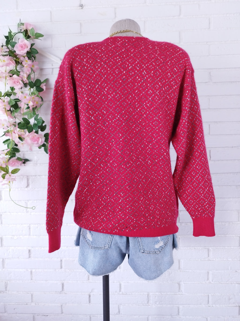 Vintage 90s Knit Sweater — Round Neck, Greyhound Print & Angora-Wool Blend