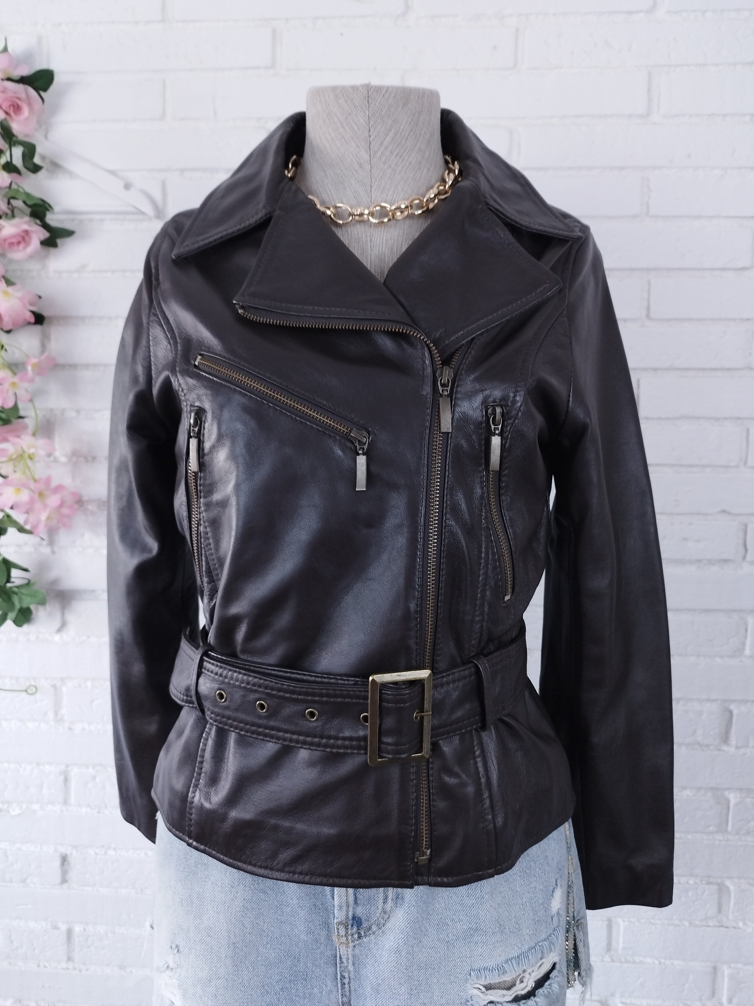 Vintage 90s Leather Jacket — Brown Moto Street Style