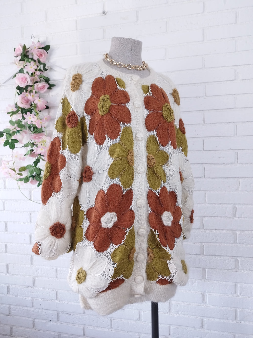 Vintage 90s Long Cardigan — Handmade Crochet & Knit, Floral Design & Wool