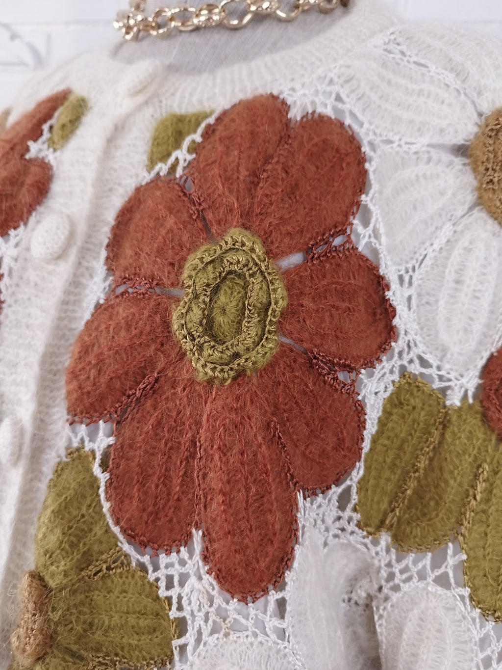 Vintage 90s Long Cardigan — Handmade Crochet & Knit, Floral Design & Wool