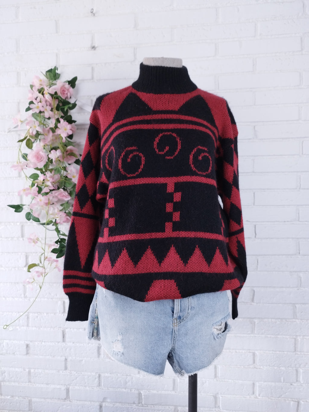 Vintage 90s Wool Knit Sweater — High Neck, Geometric Jacquard & Red-Black Palette