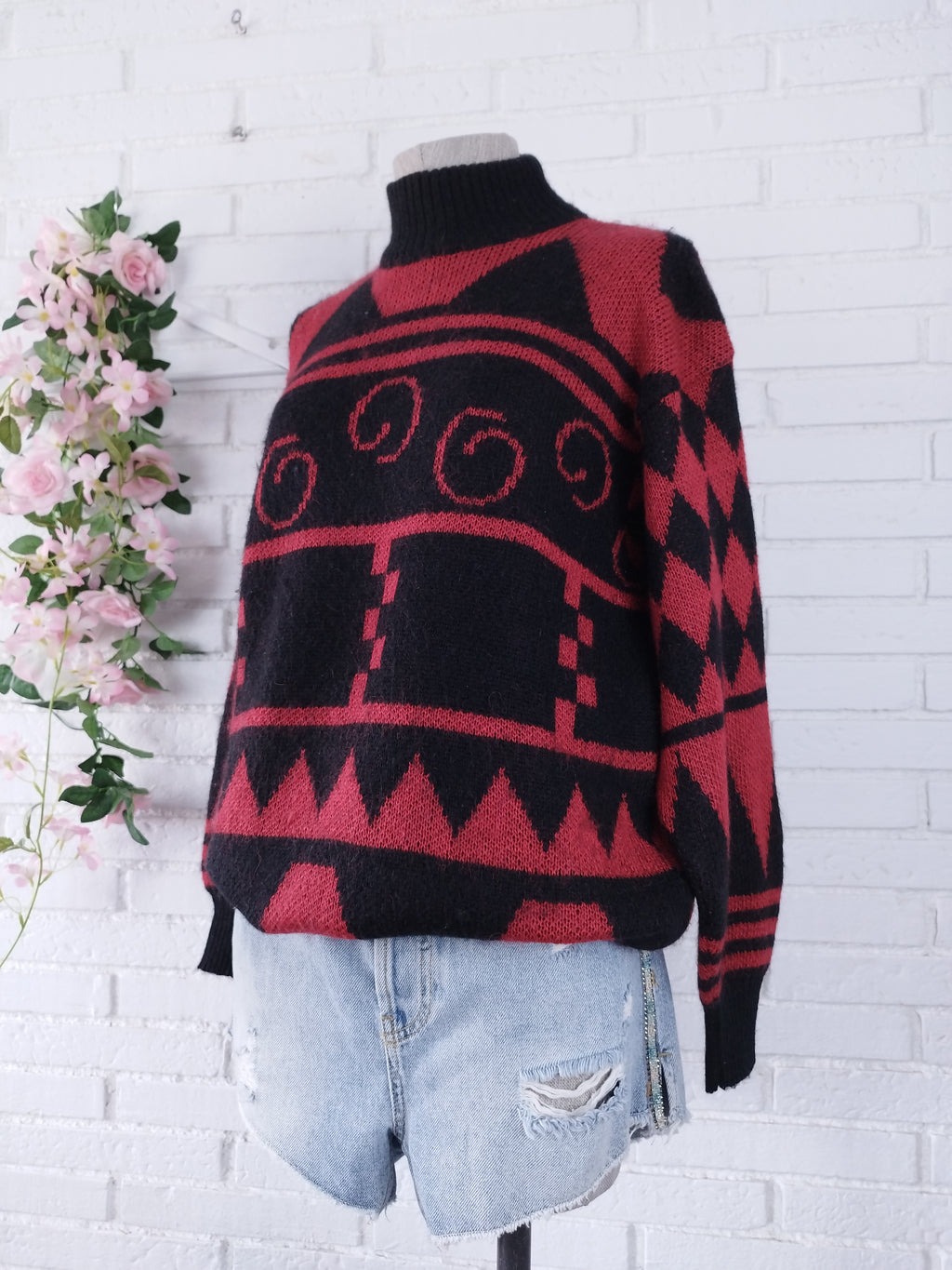 Vintage 90s Wool Knit Sweater — High Neck, Geometric Jacquard & Red-Black Palette