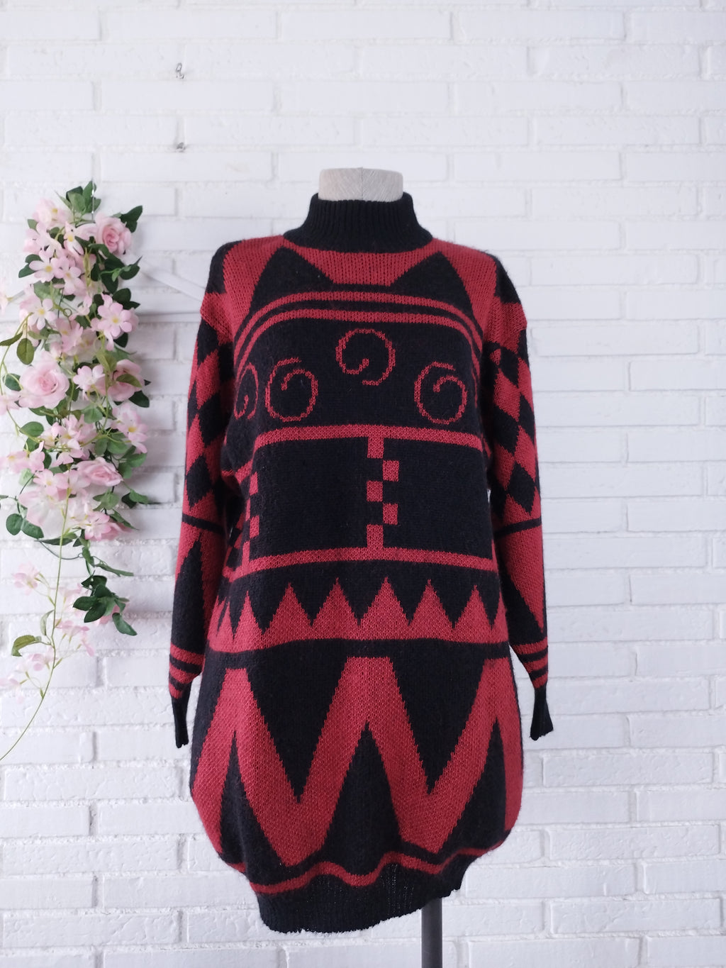 Vintage 90s Wool Knit Sweater — High Neck, Geometric Jacquard & Red-Black Palette