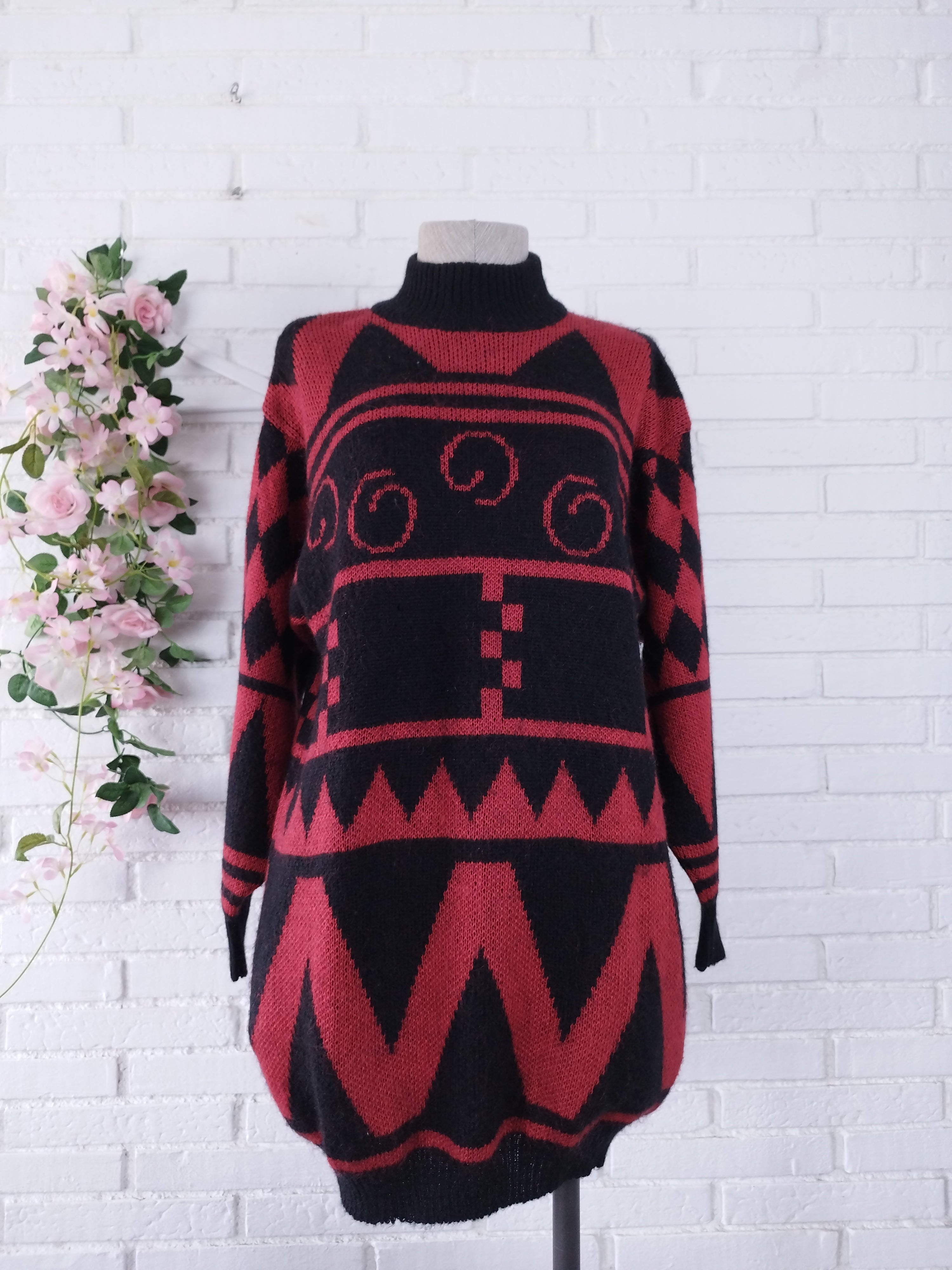 Vintage 90s Wool Knit Sweater — High Neck, Geometric Jacquard & Red-Black Palette