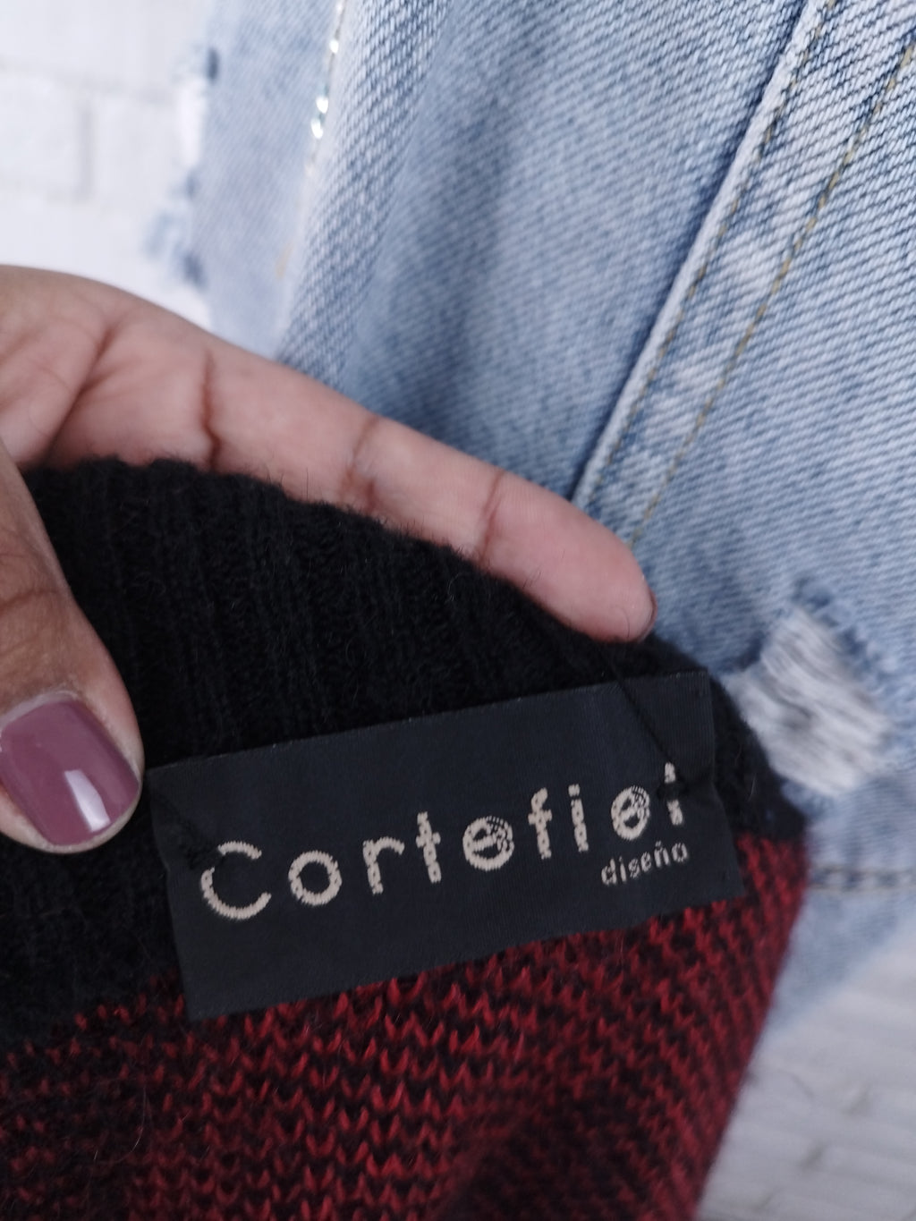 Vintage 90s Wool Knit Sweater — High Neck, Geometric Jacquard & Red-Black Palette