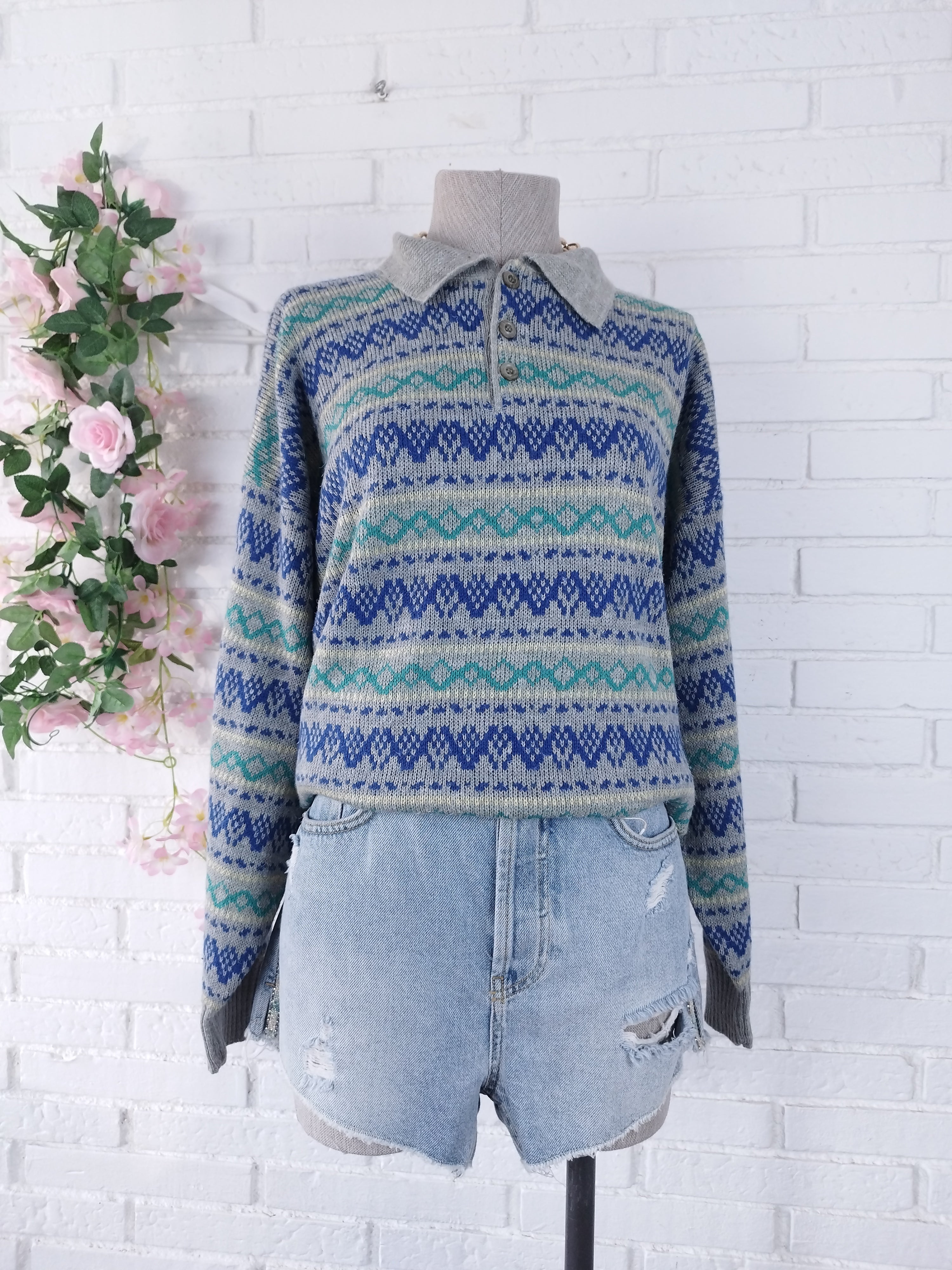 Vintage Wollstrickpullover aus den 90er-Jahren – Hergestellt in Italien, Polokragen &amp; nordischer Jacquard