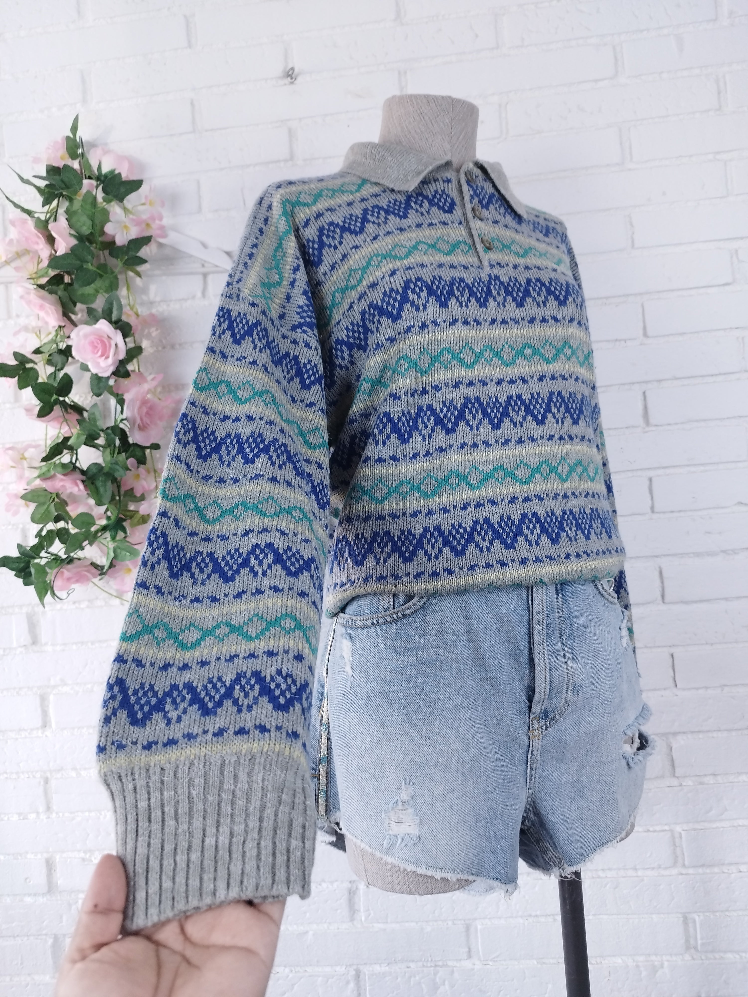 Vintage Wollstrickpullover aus den 90er-Jahren – Hergestellt in Italien, Polokragen &amp; nordischer Jacquard