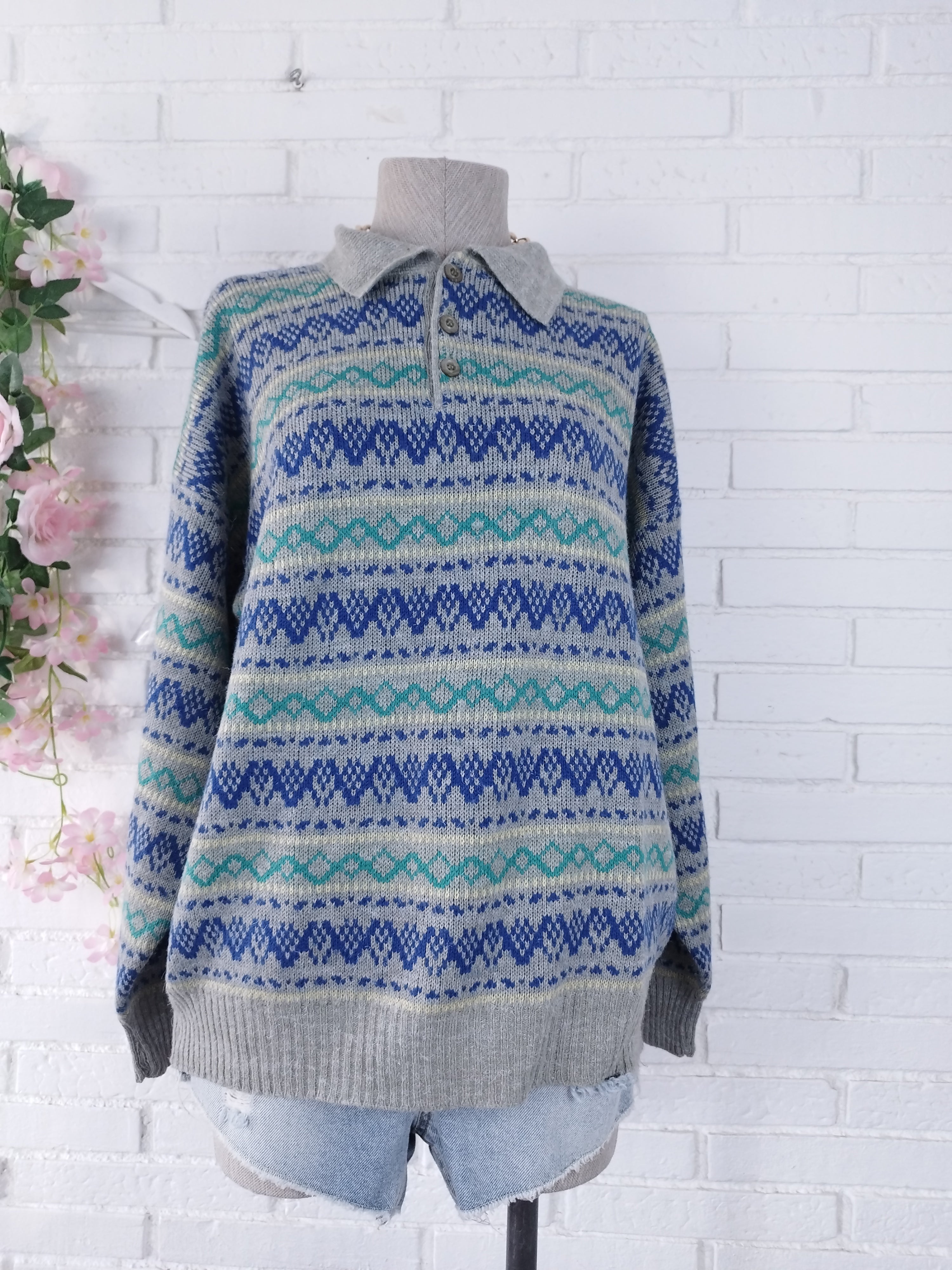 Vintage 90s Wool Knit Sweater — Made in Italy, Polo Collar & Nordic Jacquard