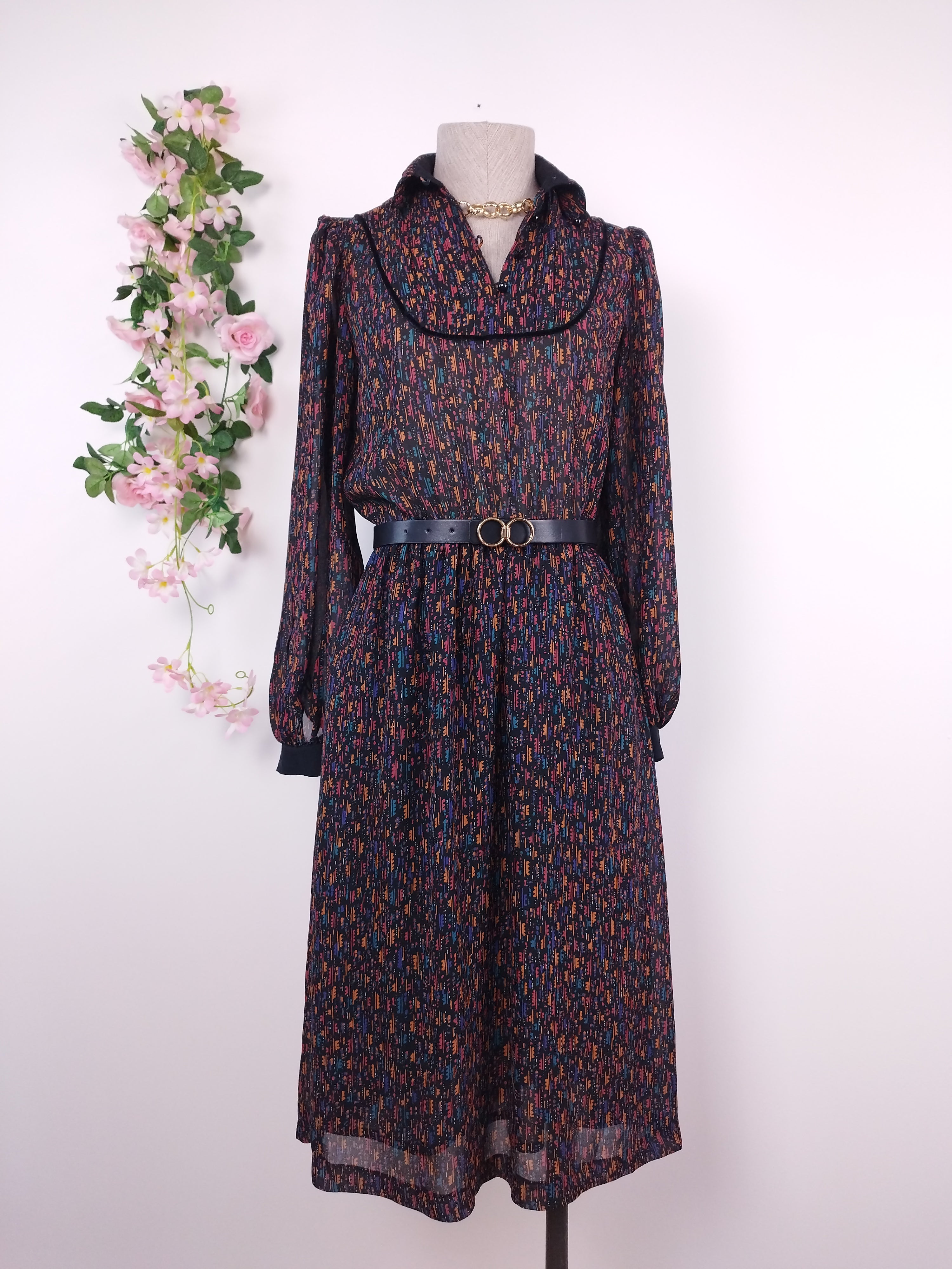 Vintage Hemdkleid aus den 80er Jahren – Lange Ärmel, elastischer Bund, fließender Print &amp; hervorragender Zustand