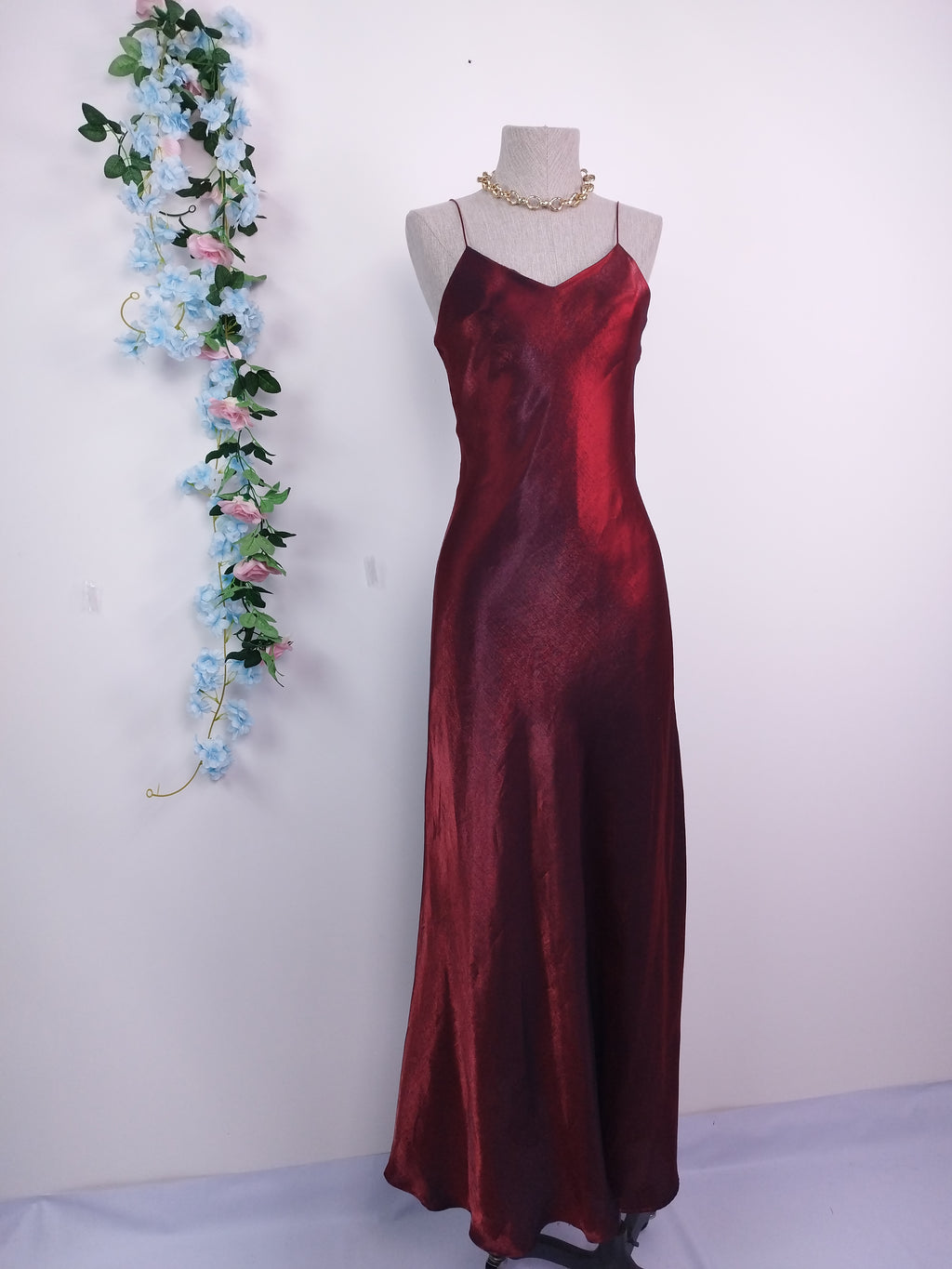 Vintage 90s Maxi Dress — Slip Style, Iridescent Burgundy Satin