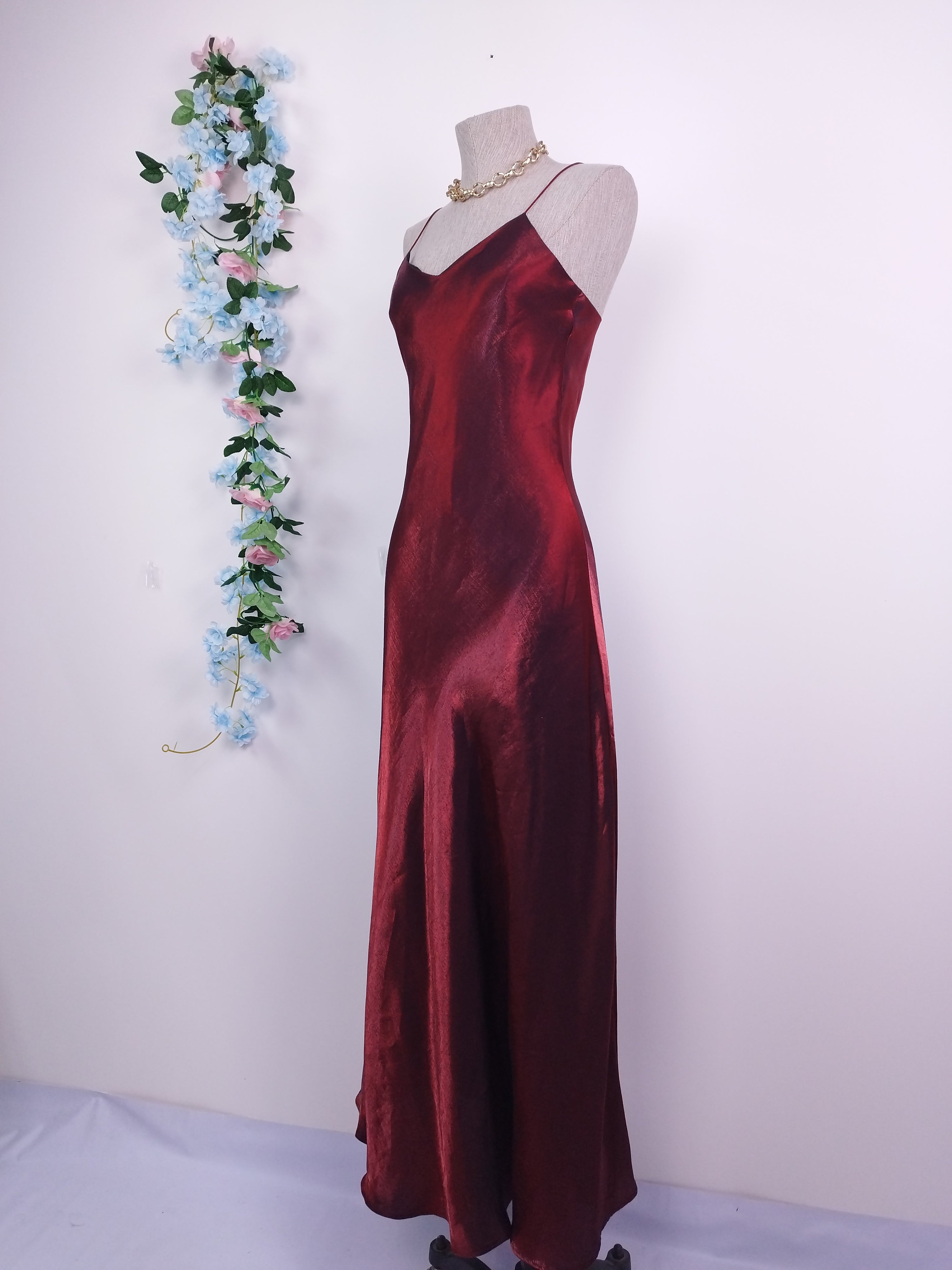 Vintage 90s Maxi Dress — Slip Style, Iridescent Burgundy Satin