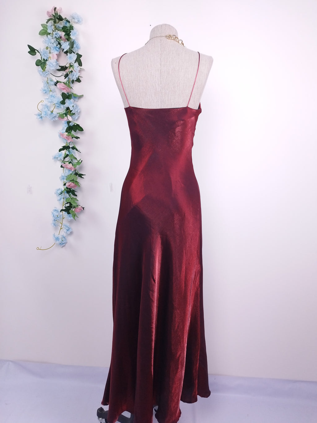 Vintage 90s Maxi Dress — Slip Style, Iridescent Burgundy Satin